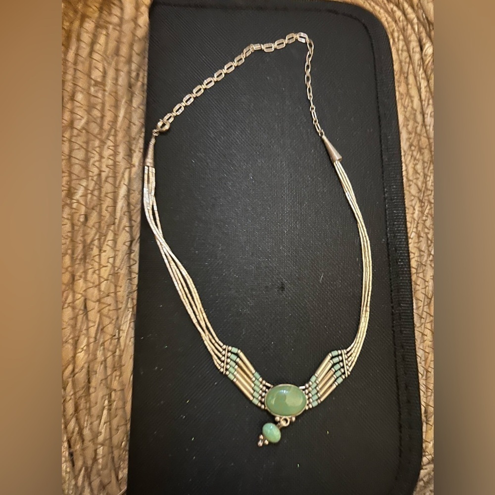 Sterling Liquid Silver Heshi Green Turquoise 5 Strand Necklace in box